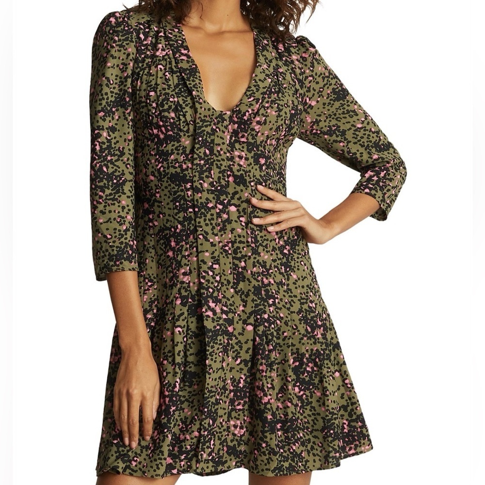 Reiss Olive Green Floral Print Dress with Pink and Black Accents